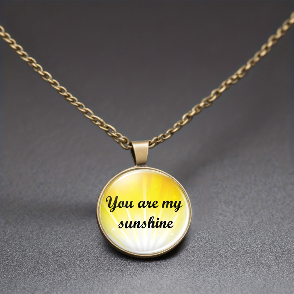 Cyan Round Glass Inlaid Pattern Pendant Necklace, Inspirational